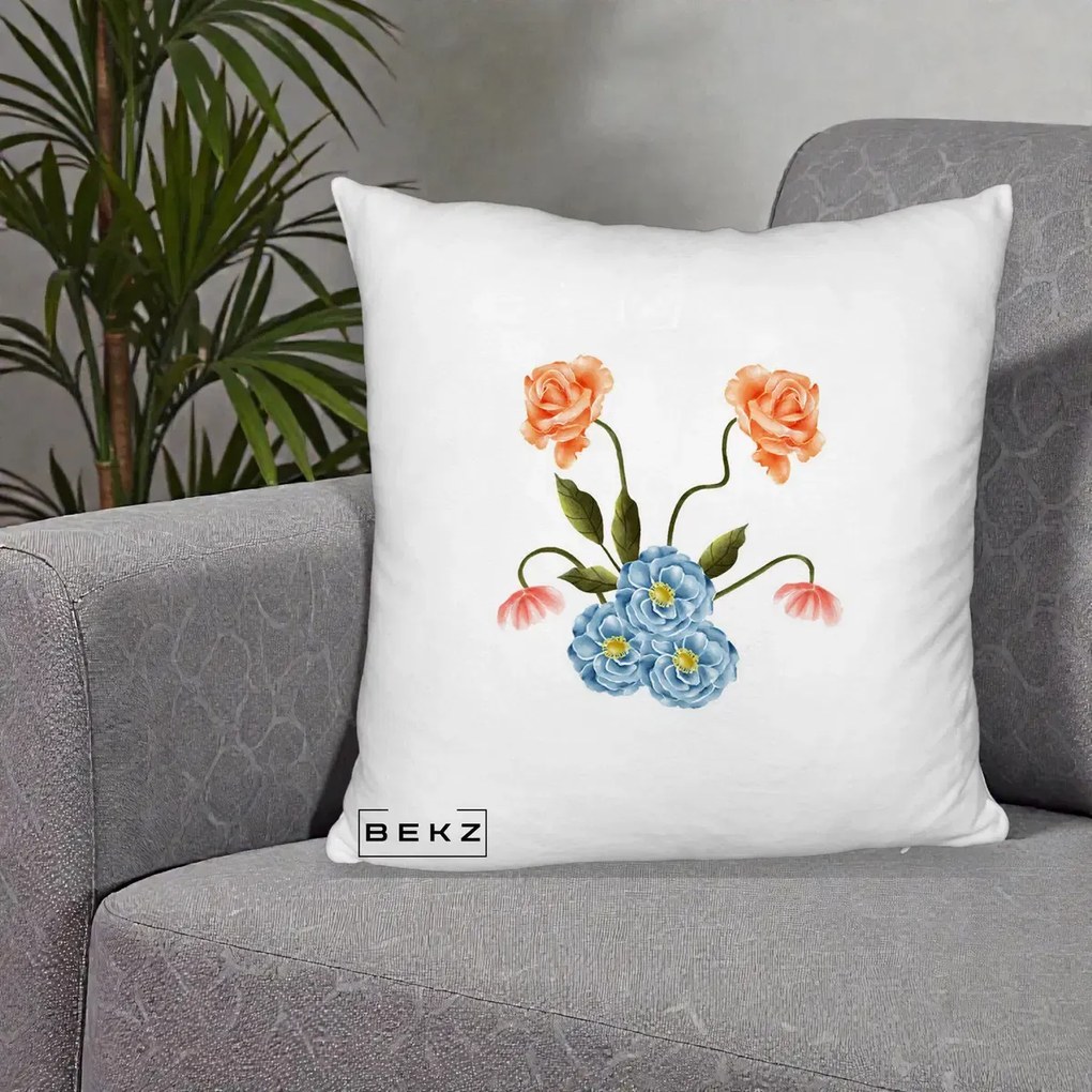 Perna Decorativa Trandafiri si Bujori Acuarela, 40x40 cm, Alb Pufos, Husa Detasabila, Perna Inclusa, BEKZ®