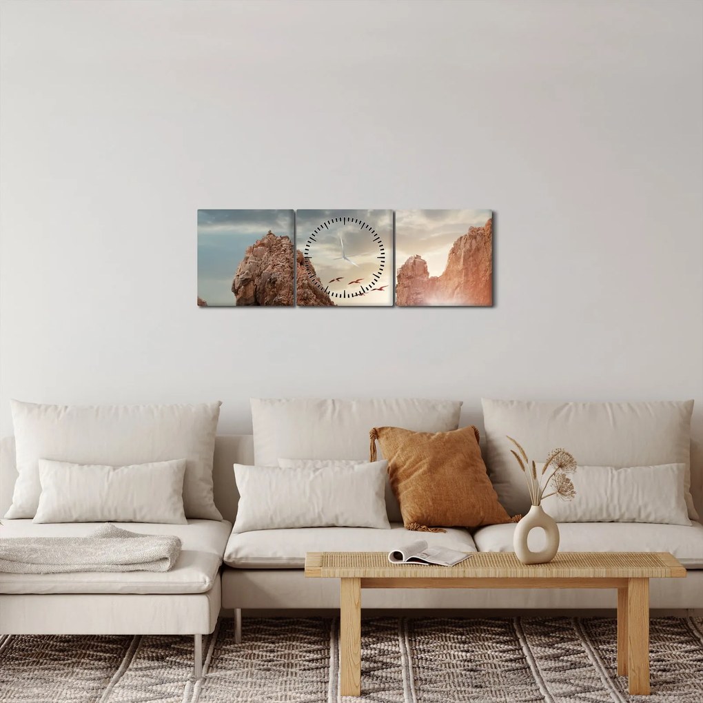 Tablou - Apus de soare peste stânci (cu ceas) (90x30 cm)