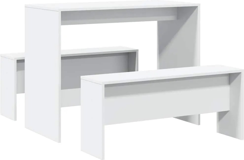 vidaXL Set masă și bănci de bucătărie, 3 piese, alb, lemn prelucrat