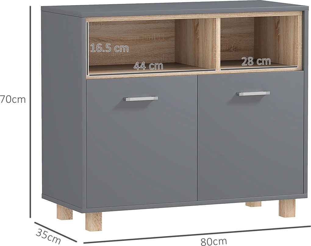 HOMCOM Dulap Baie cu Rafturi Deschise și Dulăpior cu 2 Uși, Dulap de Baie Spațios cu Mânere, 80x35x70 cm, Gri | Aosom Romania