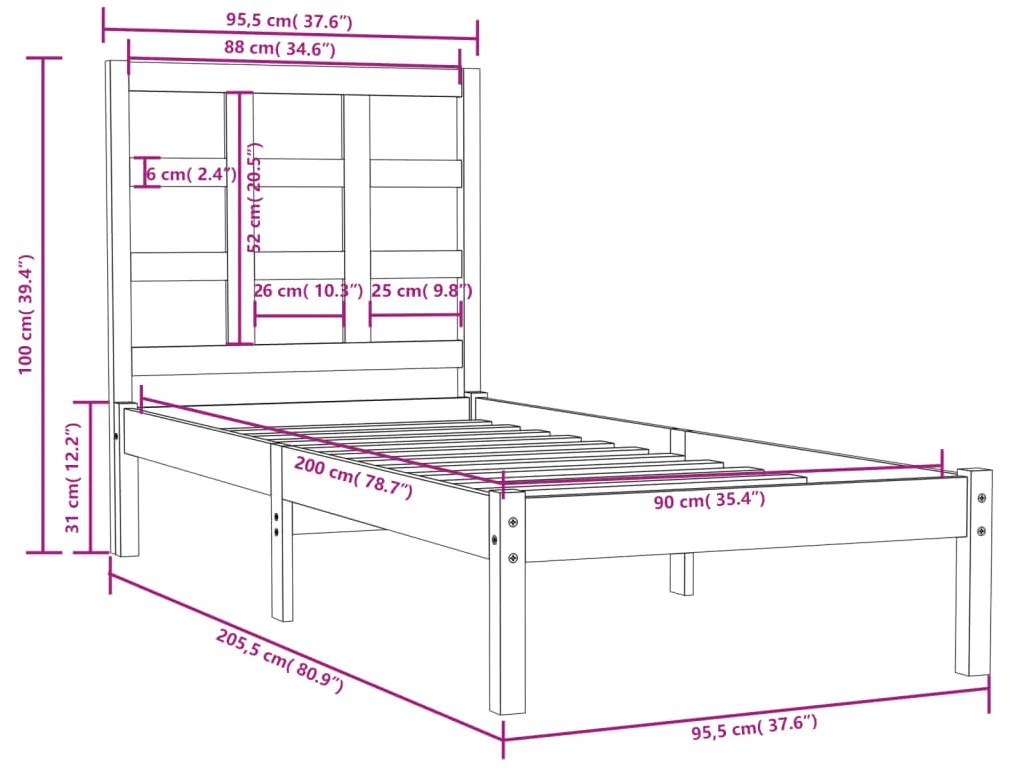 Cadru de pat, gri, 90x200 cm, lemn masiv de pin Gri, 90 x 200 cm