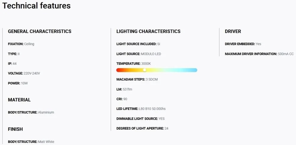 Spot LED incastrabil TULIPA White recessed downlight 10W 24° 3000K CRI90 triac IP44