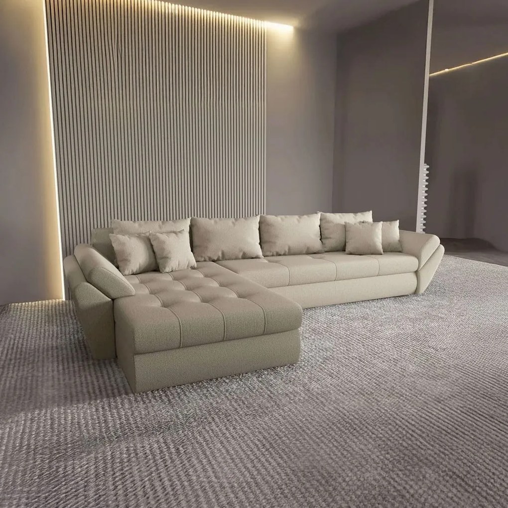 Colțar extensibil dumonde cu ladă de depozitare si sezut confortabil din spuma high-density, Loana XL Enjoy Camel 335x185 cm