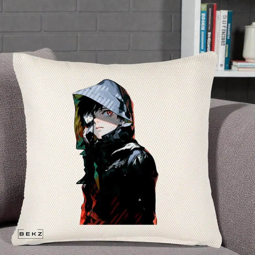 Perna Personalizata Tokyo Ghoul Ken Kaneki cu Masca si Gluga, 40x40 cm, Crem Reliefat, Husa Detasabila, Perna Inclusa, BEKZ®