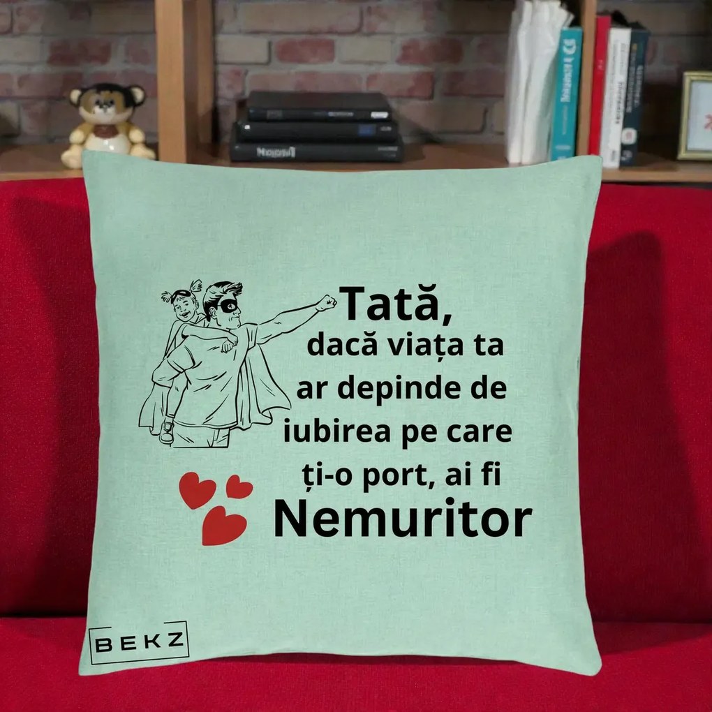 Cadou pentru Tata - Perna Personalizata Tata Nemuritor Supererou cu Masca, 40x40 cm, Verde Menta, Husa Detasabila, Perna Inclusa, BEKZ®
