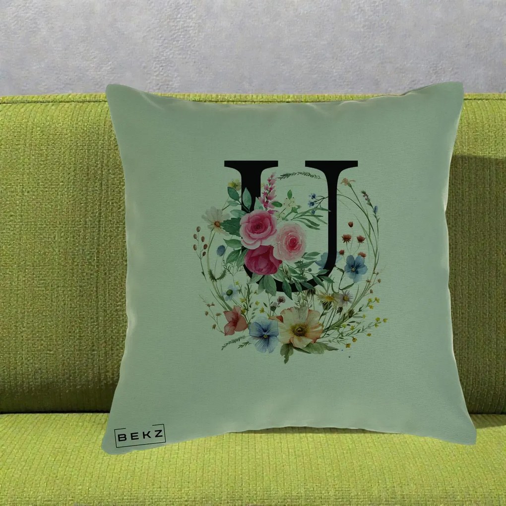 Cadou Personalizat - Perna Personalizata Monogram Litera U cu Flori Acuarela, 40x40 cm, Verde, Husa Detasabila, Perna Inclusa, BEKZ®
