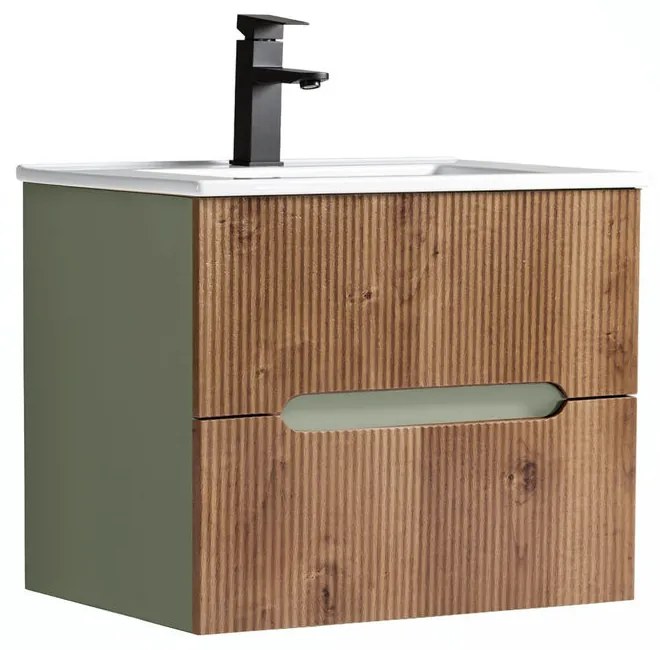 Trent 60 dulap de baie inferior cu chiuvetă ceramică (2 sertare) stejar verde-oliv-sunset