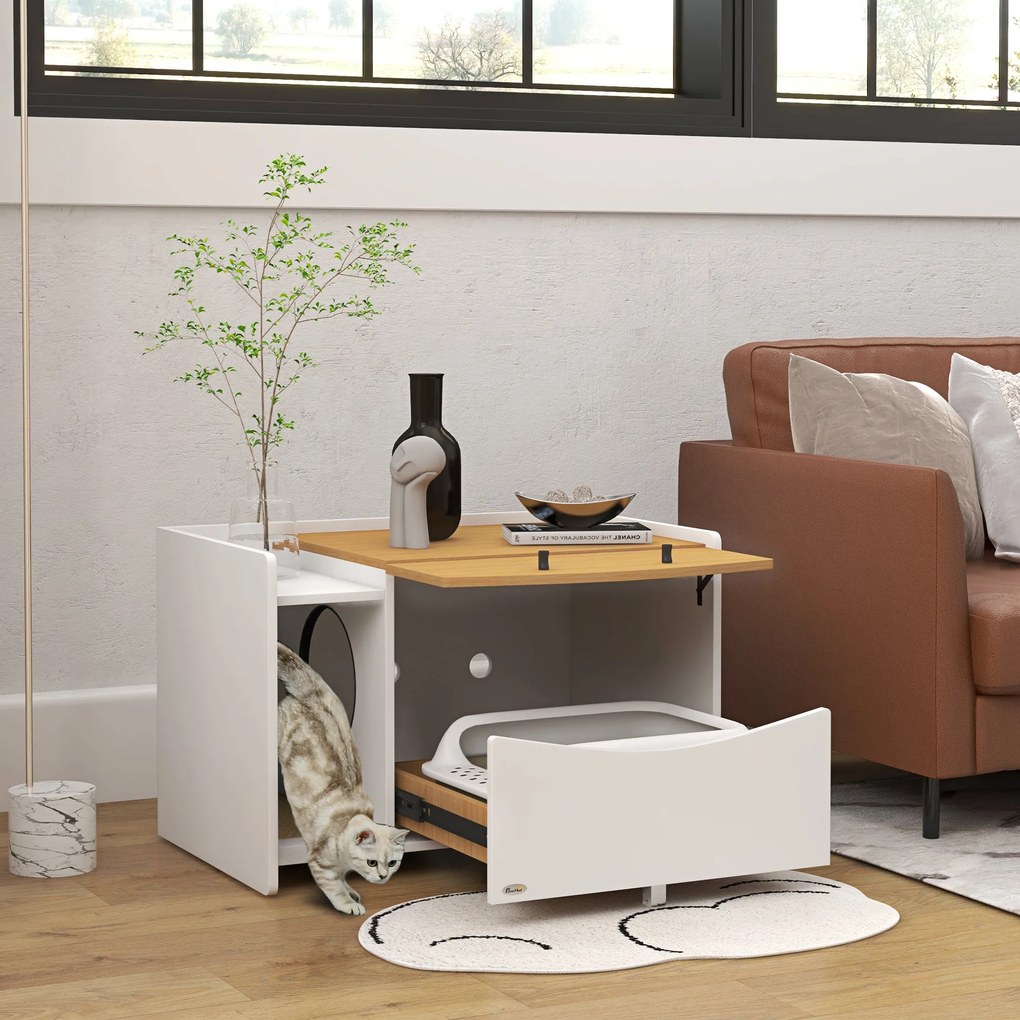 PawHut Cutie de pisici, extensibilă, design de dulap, sertar nisip, 78x50x51cm, Stejar/Alb | Aosom Romania