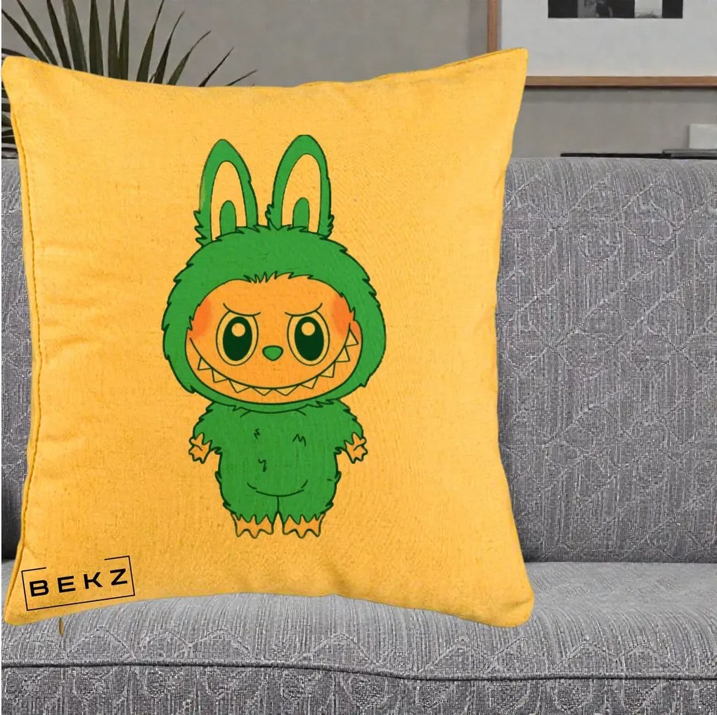 Perna Personalizata Labubu Turcoaz, 40x40 cm, Galben, Husa Detasabila, Perna Inclusa, BEKZ®