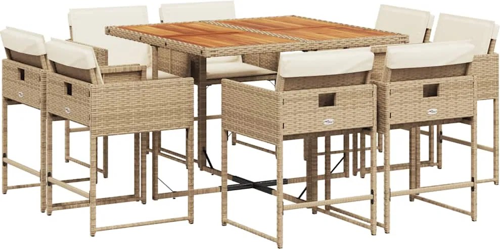 vidaXL Set de masă pentru grădină, 9 piese, cu perne, bej, poliratan