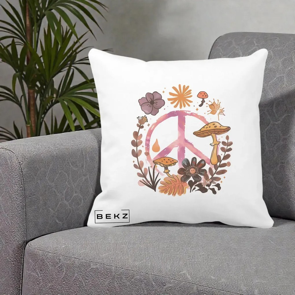 Perna Decorativa Peace Ciuperci Boho, 40x40 cm, Alba Mata, Husa Detasabila, Perna Inclusa, BEKZ®