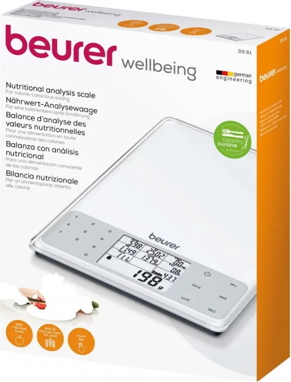 Cantar de bucatarie Beurer DS 61, Pana la 5 kg, Tare, Touch, Sticla, Analiza nutritionala a 950 de alimente, Memorie, Transparent/Gri