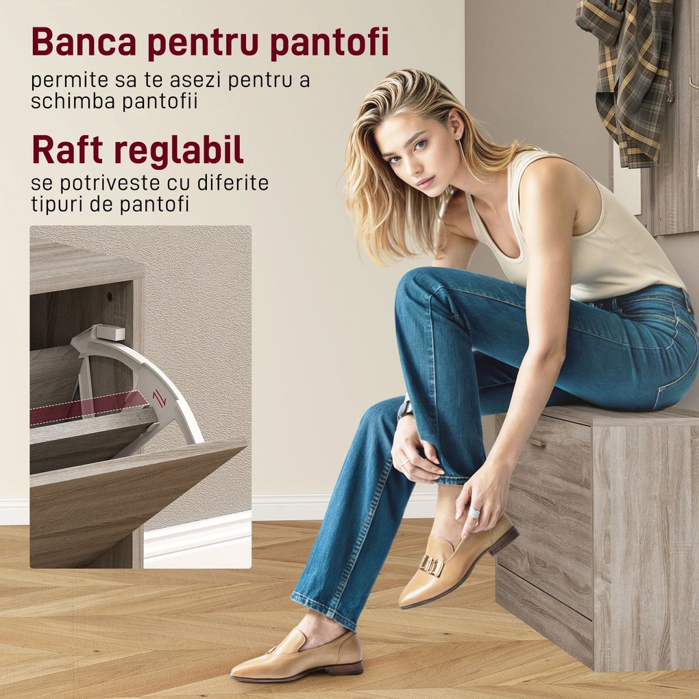 HOMCOM Set Hol 3 Piese cu Dulap pentru Pantofi, Cuier și Oglindă Alb și Lemn | Aosom Romania