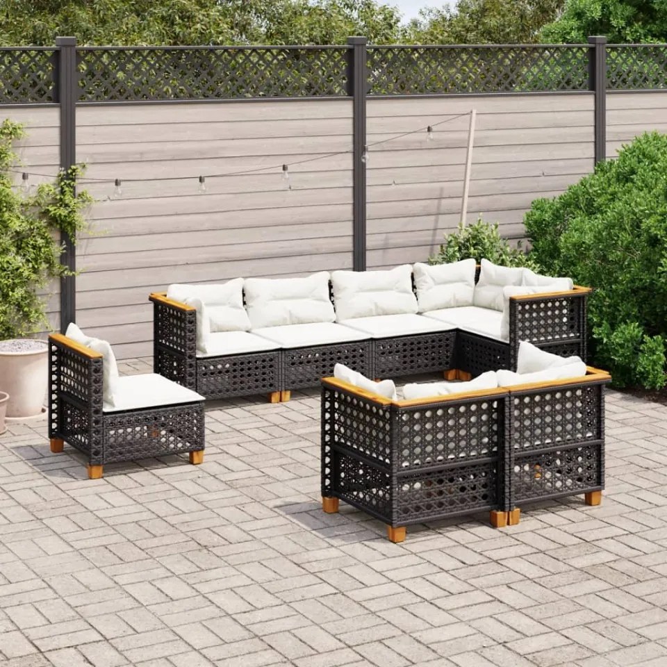 Set mobilier de grădină cu perne, 8 piese, negru, poliratan