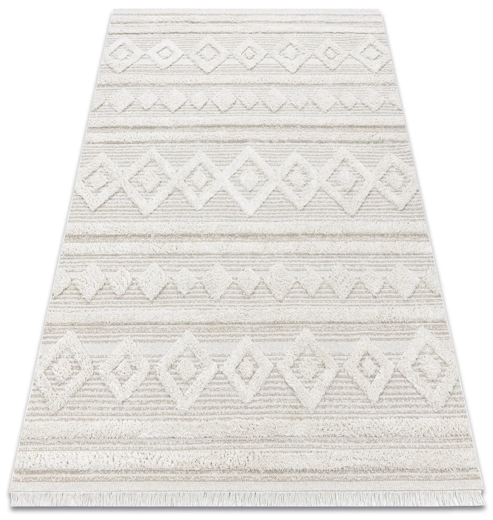 Covor ECO SISAL MOROC 22322 romburi, linii, boho franjuri - structural bej / cremă