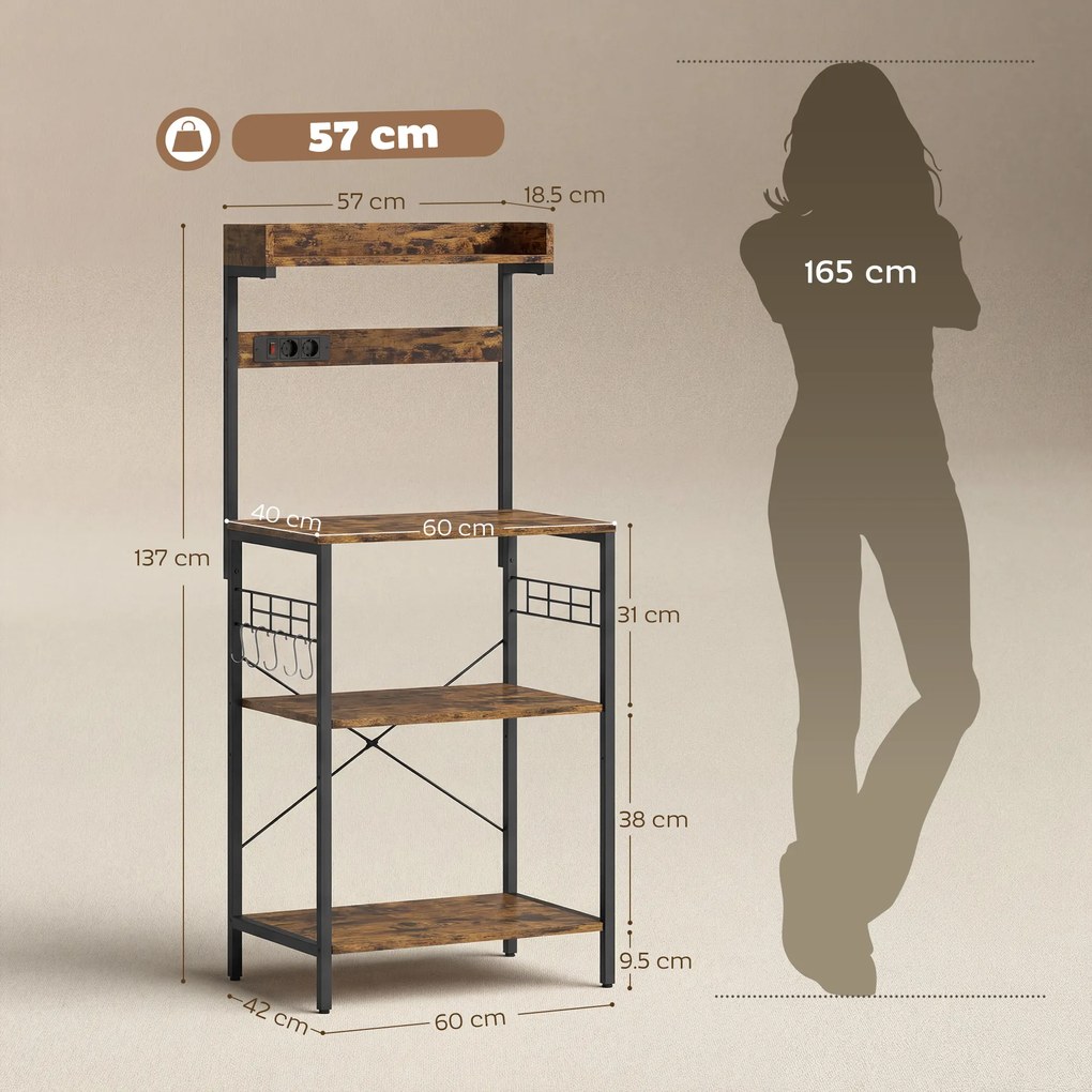 HOMCOM Estantería de Cocina con 2 Tomacorrientes Estante para Microondas Estante Ajustable Ganchos 60x42x137 cm Marrón Rústico | Aosom Romania