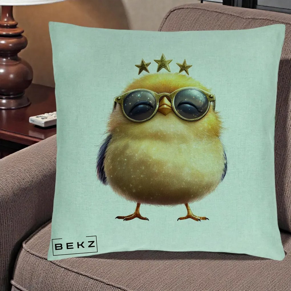 Perna Decorativa Pui Gold Star cu Ochelari Aurii, 40x40 cm, Verde Menta, Husa Detasabila, Perna Inclusa, BEKZ®
