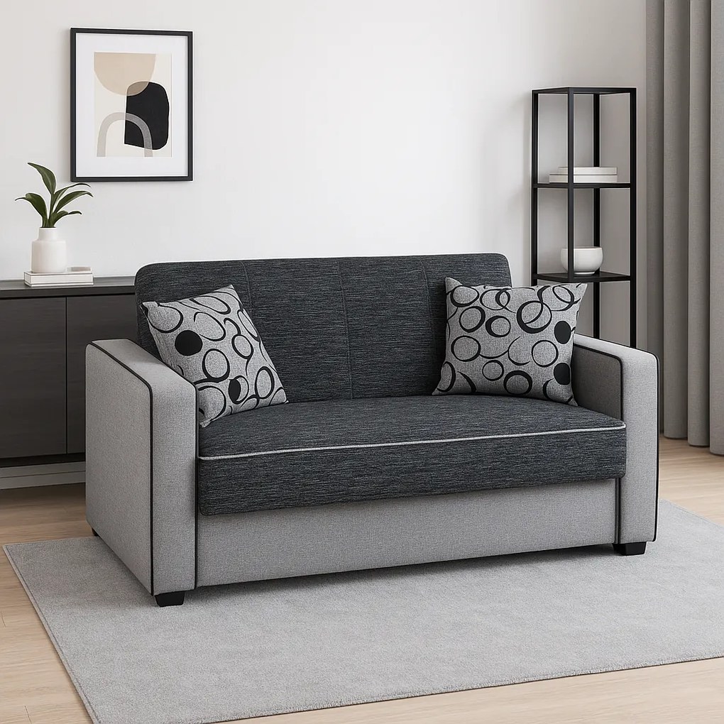 Canapea SAMY NEXT extensibila, 2 locuri, cu lada de depozitare, stofa gri cu negru, cadru metalic, 152x100x92 cm Gri + Negru, stofa