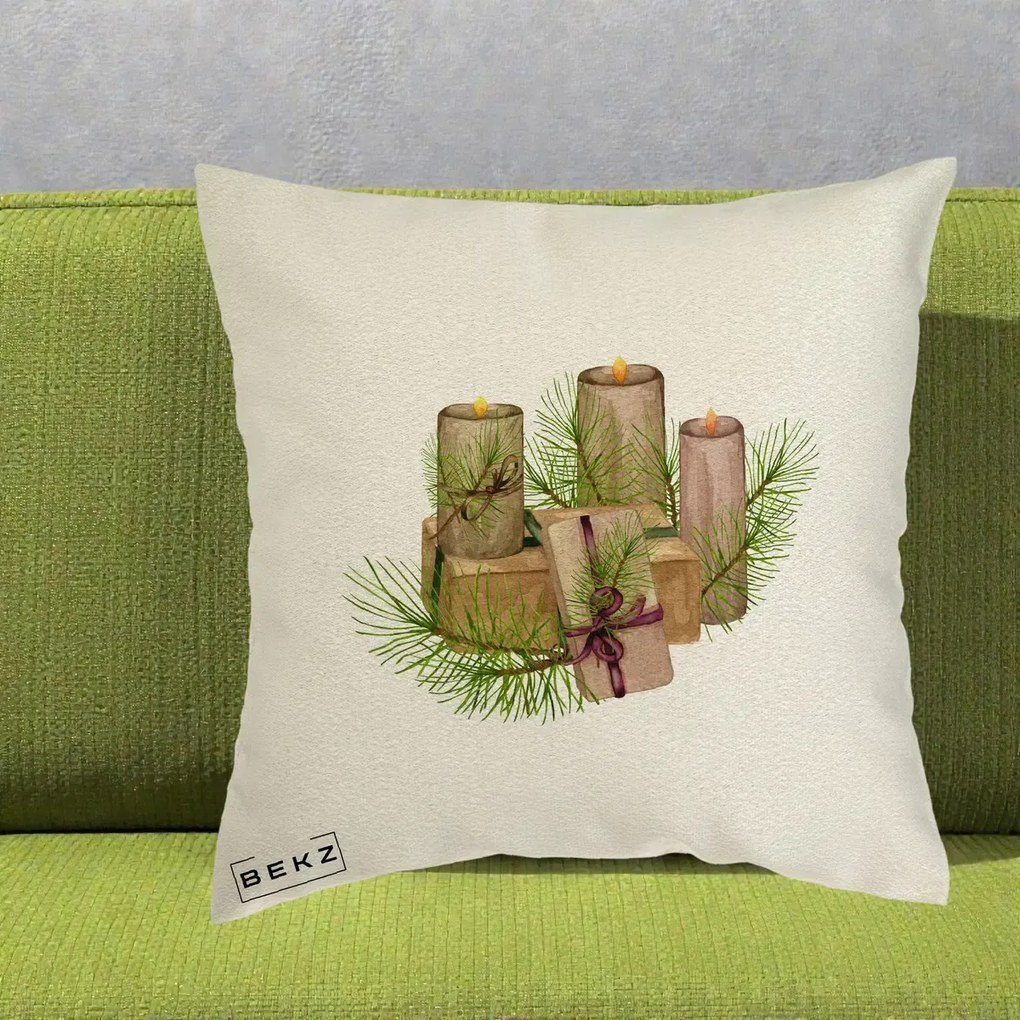 Perna Decorativa Lumanari cu Cadouri Naturale, 40x40 cm, Ecru, Husa Detasabila, Perna Inclusa, BEKZ®