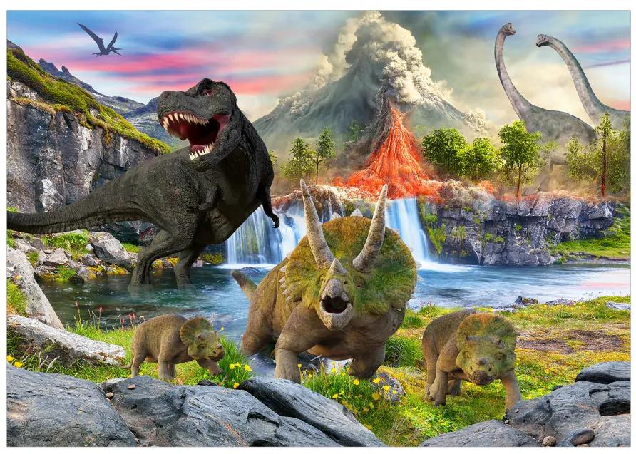 Fototapet - Dinozauri realiști - reptile în peisaj cu vulcan și cascadă