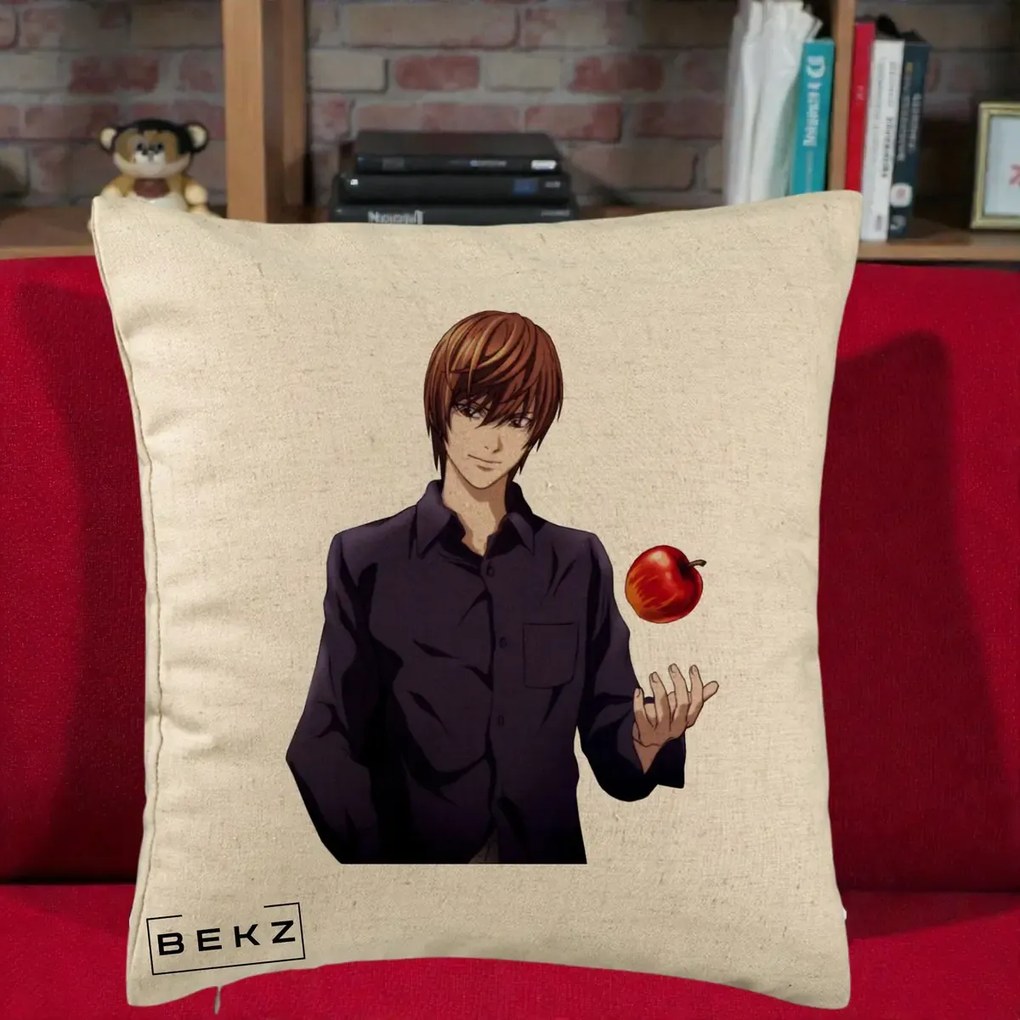 Perna Personalizata Death Note Light Yagami cu Mar, 40x40 cm, Bej, Husa Detasabila, Perna Inclusa, BEKZ®
