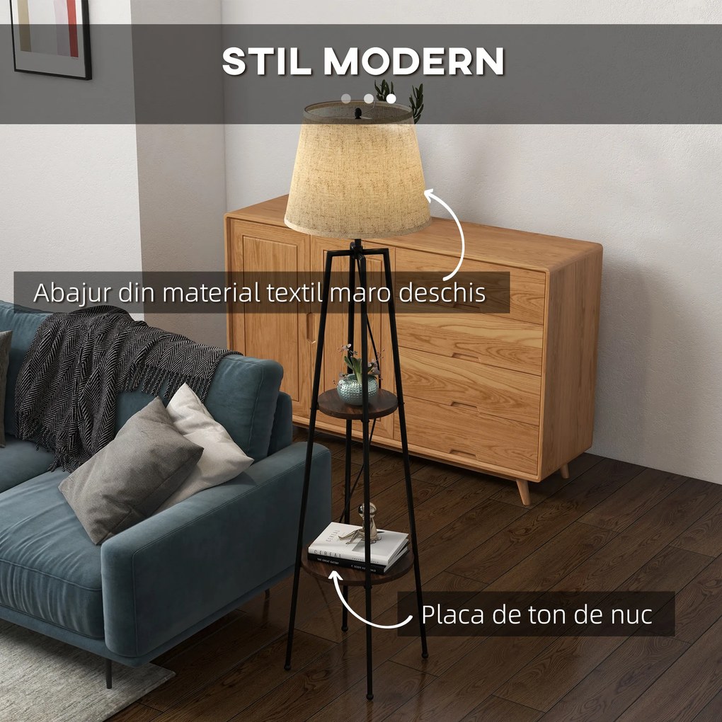 Lampa de Podea cu Rafturi, Inalta cu Abajur din Material Textil (Becul nu este Inclus), Nuc Maro si Maro Deschis, Φ42x166cm HOMCOM | Aosom RO