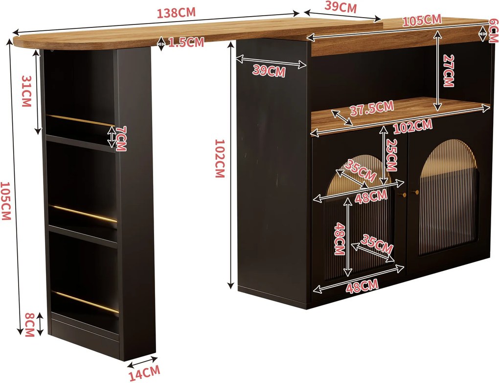 Masă de bar modernă extensibilă, cu spațiu de depozitare, Rotativă, 138-193×39×105 cm, Negru