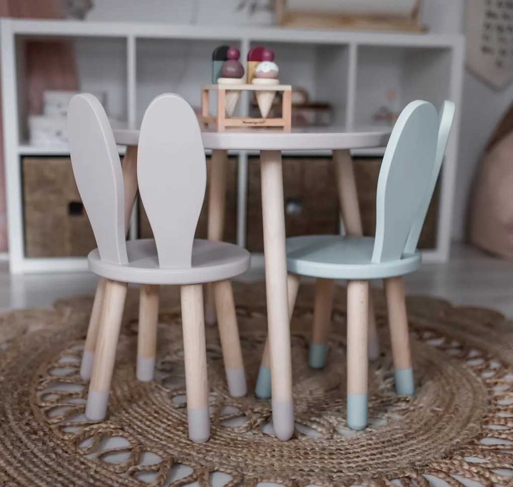 Set masuta rotunda roz si 2 scaunele iepuras roz si mint