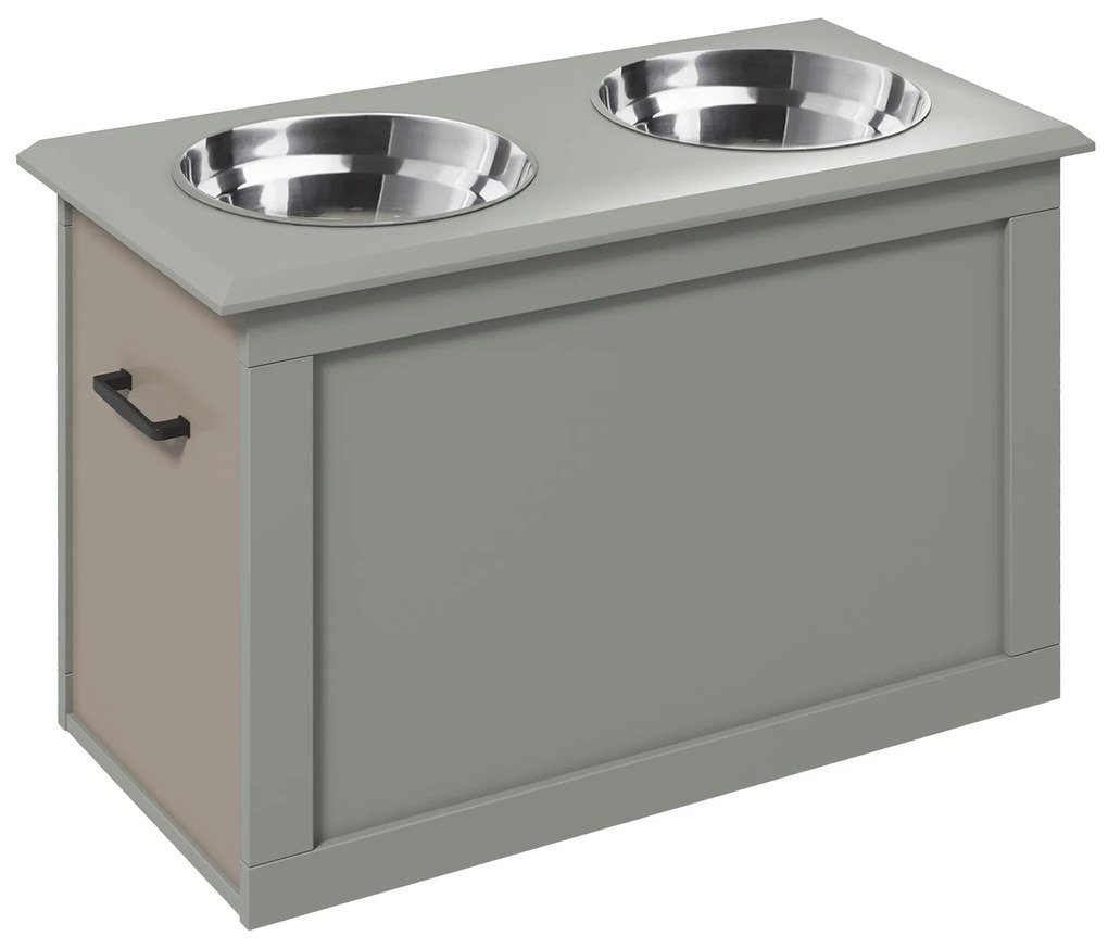 PawHut Boluri ridicate pentru câini bol dublu câine pisică Suport pentru boluri ridicat dim. 60L x 30W x 41H cm 2 boluri 2L mânere compartiment lemn gri | Aosom Romania