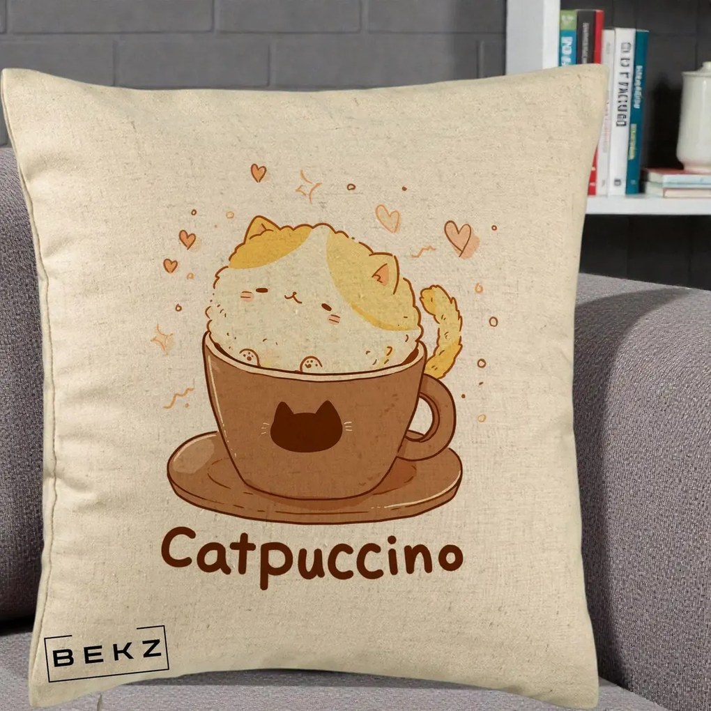 Perna Decorativa Catpuccino Pisica Cappuccino, 40x40 cm, Bej, Husa Detasabila, Perna Inclusa, BEKZ®