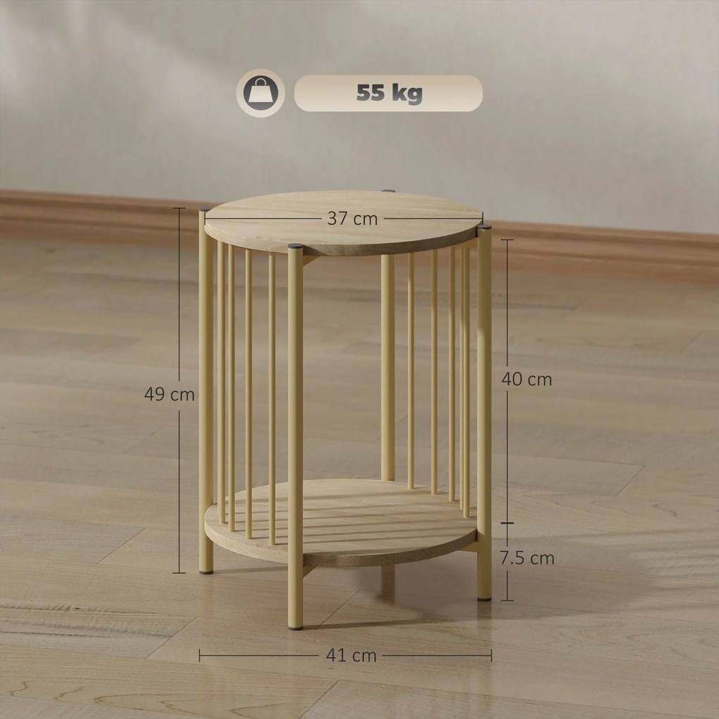 HOMCOM Masa laterală, masă de cafea cu 2 nivele cu raft de depozitare și cadru din oțel, Ø 41 x 49 cm efect lemn natural | Aosom Romania