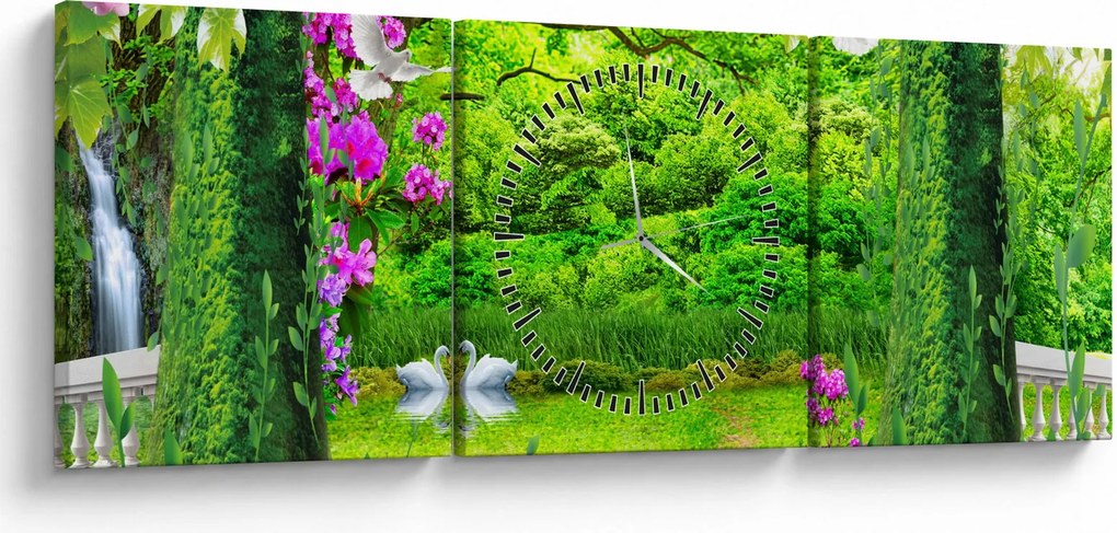 Tablou - Grădina magică cu lebede (cu ceas) (90x30 cm)