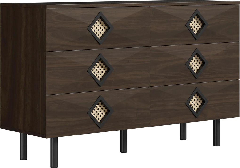 Masă de machiaj cu 6 sertare, mânere din ratan, spațiu mare de depozitare, pentru dormitor și living, 120x40x74,5 cm, Culoare naturală