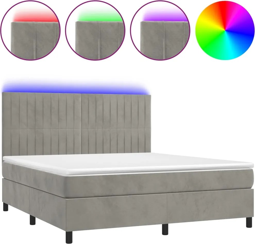 vidaXL Pat cu arcuri, saltea și LED, gri deschis, 180x200 cm, catifea