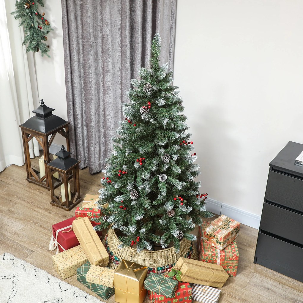HOMCOM Brad de Crăciun Înnzăpezit Înalt de 150 cm cu 398 Ramuri, Brad Artificial de Interior cu Conuri și Boabe Roșii Decorative, Bază Metalică, Verde | Aosom Romania
