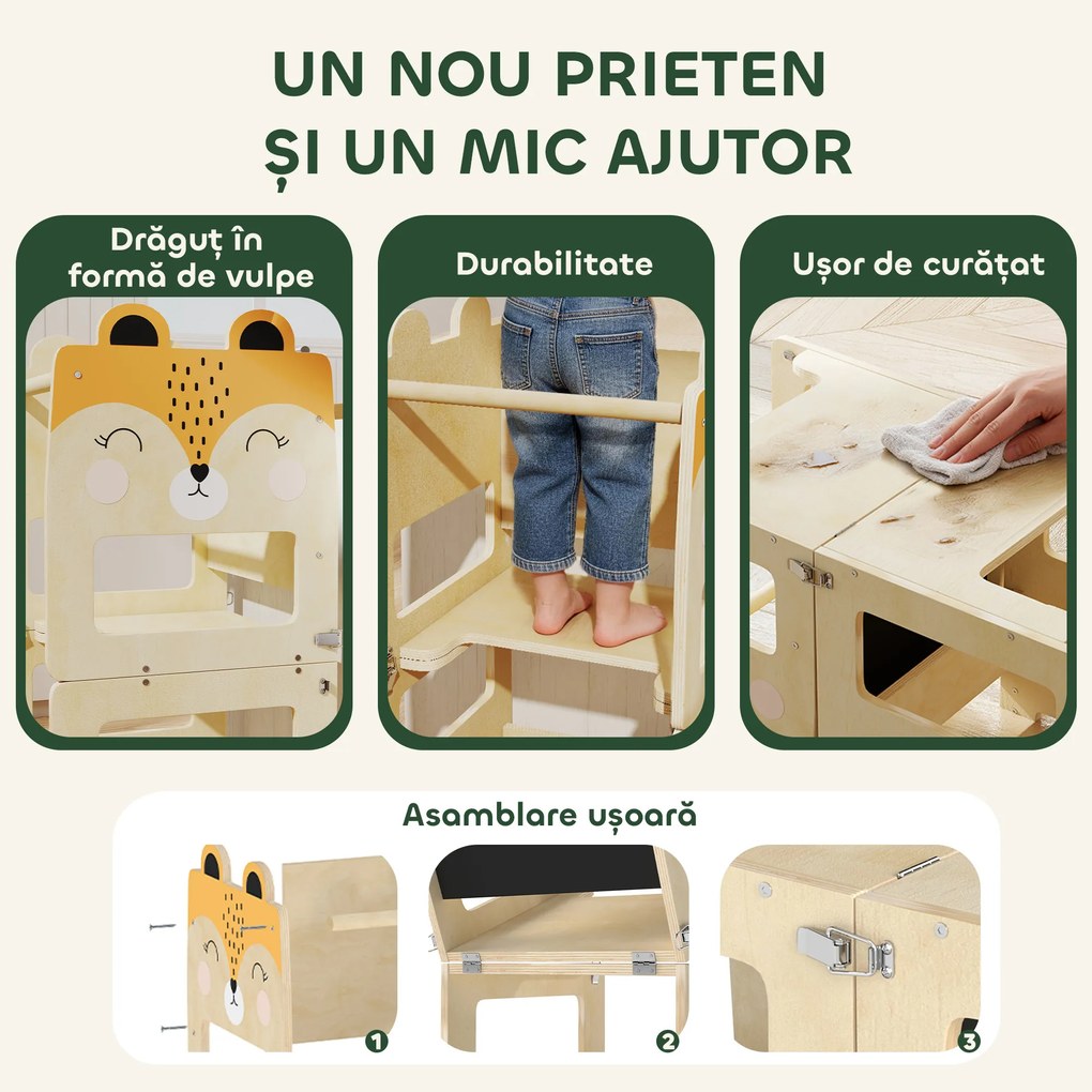 Turn Montessori AIYAPLAY pentru Copii 2-5 Ani cu Tablă și Măsuță, Scăunel pentru Copii din Placaj, 57x39x93 cm, Culoare Lemn | Aosom Romania