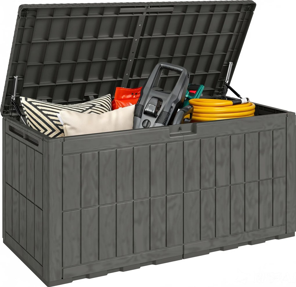 Outsunny Cufăr Exterior Capacitate 440 L din Rășină Rezistentă la Apă și Razele UV cu Capac Blocabil Bare cu Gaz Cafeniu | Aosom Romania