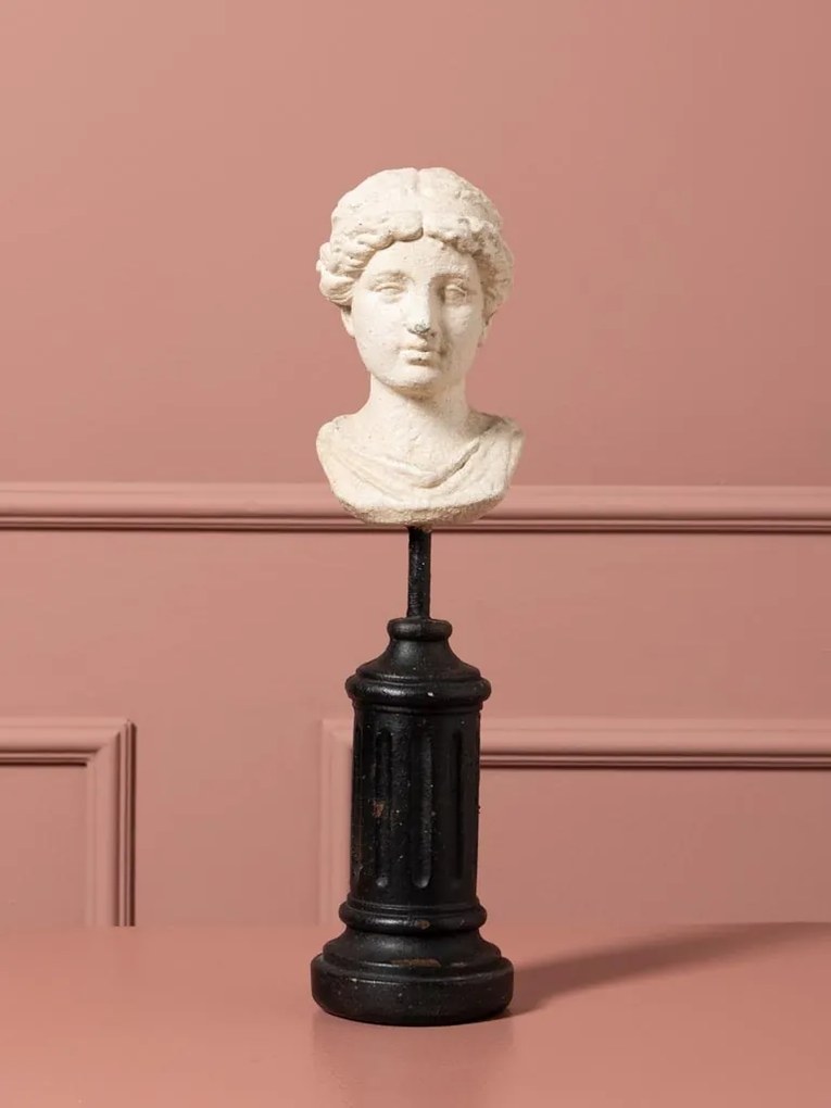 Sculptură decorativă bust antic de femeie din rășină, natur, pe piedestal din lemn, finisaj antichizat, 35,5 x 9 x 10,5 cm, „Lucretia”