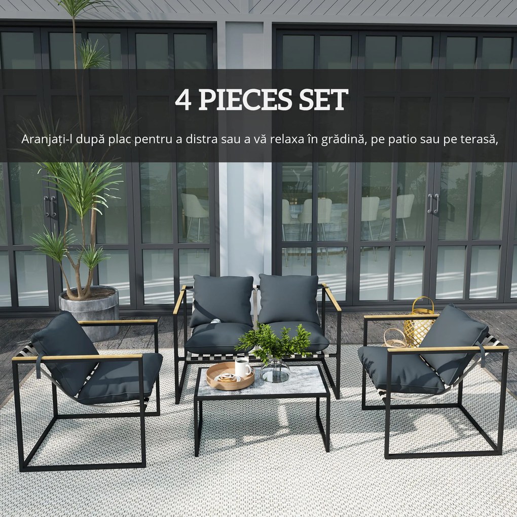 Outsunny set mobilier grădină 4 piese, 2 fotolii, canapea 2 persoane, masă, perne incluse, gri | Aosom Romania