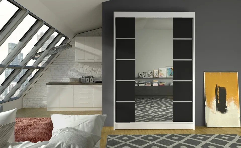 Dulap Dormitor Genua ADRK 120 x 200 cm cu Uși Glisante și Oglindă | Design Modern | Spații de Depozitare Generoase (Culoare: Alb / Negru)