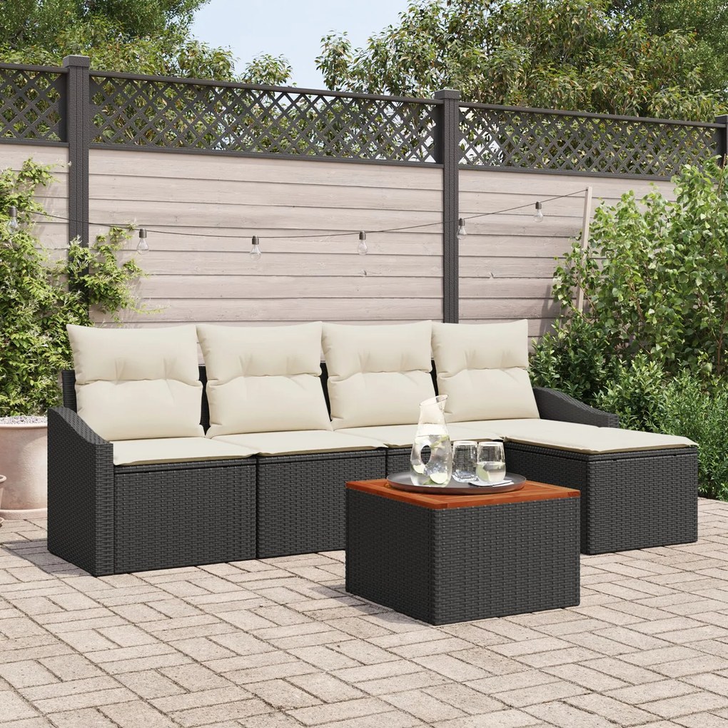 vidaXL Set de canapea pentru grădină, 6 piese, cu perne, din poly rattan negru și acacia