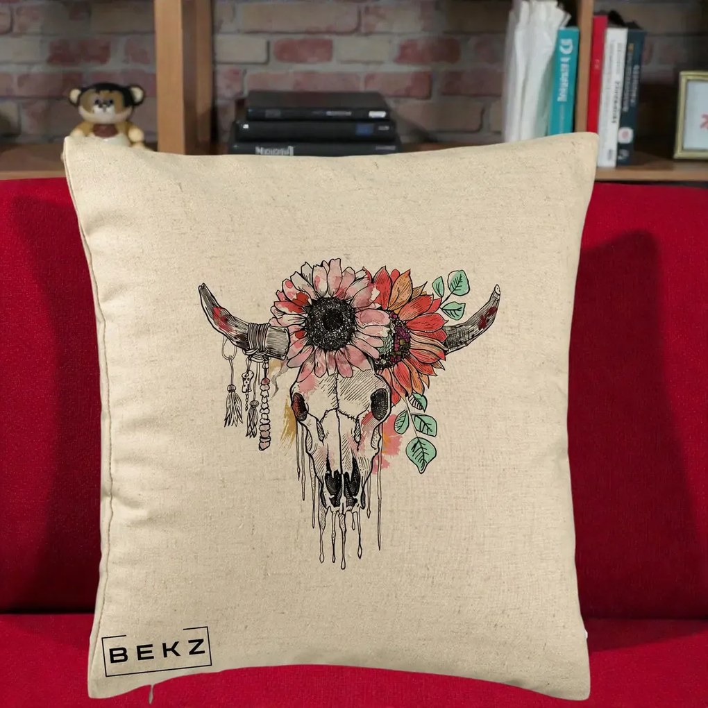 Perna Decorativa Craniu Boho Floral, 40x40 cm, Bej, Husa Detasabila, Perna Inclusa, BEKZ®