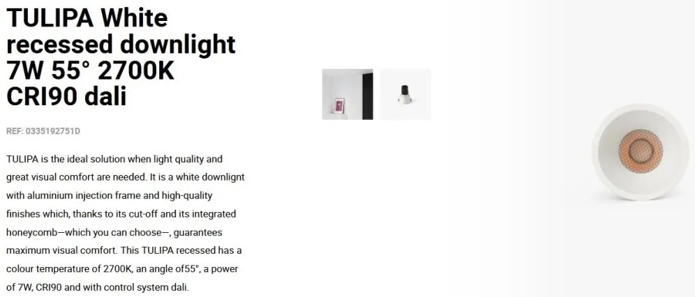 Spot LED incastrabil TULIPA White recessed downlight 7W 55° 2700K CRI90 dali