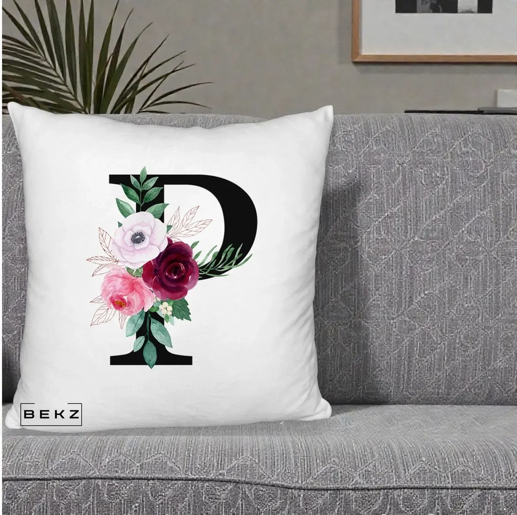 Cadou Personalizat - Perna Personalizata Monograma Florala Litera P, 40x40 cm, Alb Pufos, Husa Detasabila, Perna Inclusa, BEKZ®