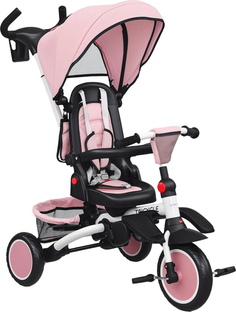AIYAPLAY Tricicletă 6 în 1 pentru Copii, cu Mâner Parental și Scaun Rotativ, 111,5x52x98 cm, Roz | Aosom Romania