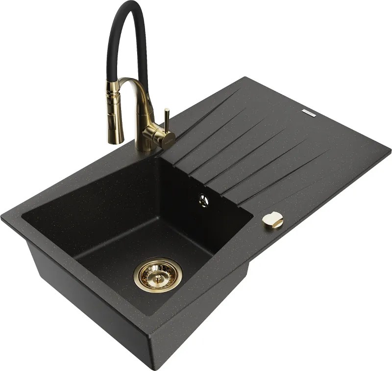 Mexen Cesar chiuvetă granit compusă dintr-o singură cameră cu scurgător și baterie de bucătărie Aster, negru/or metalic