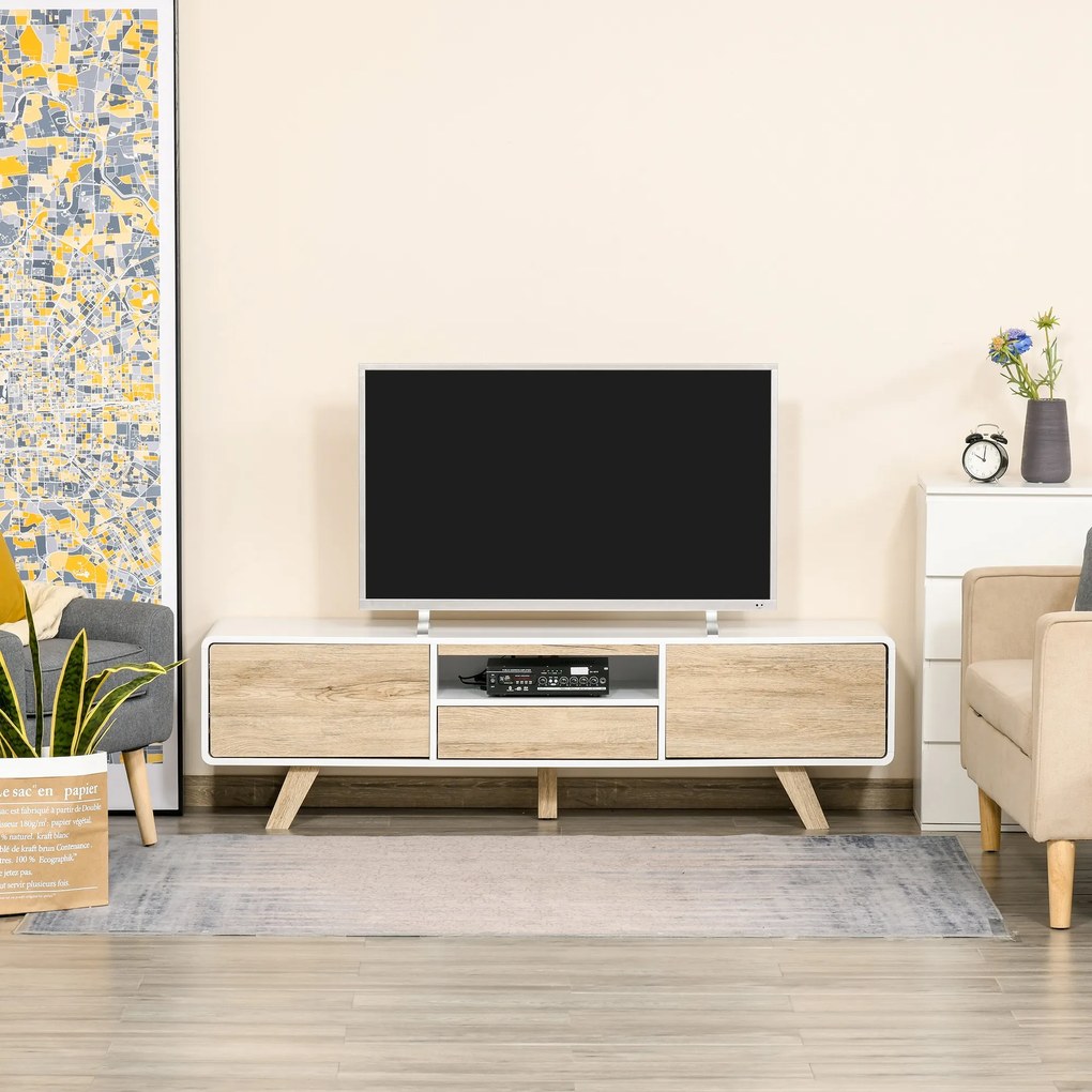 Mobilier Suport TV Cu Usi si Sertar HOMCOM, Dulapior pentru TV de pana la 60" din MDF, 160x40x45cm Alb si Lemn | Aosom Romania