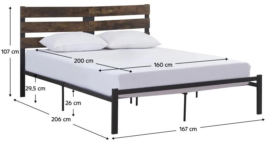 Pat matrimonial 160 cm Acabarian (negru + stejar rustikal) (cu somieră). 1116232