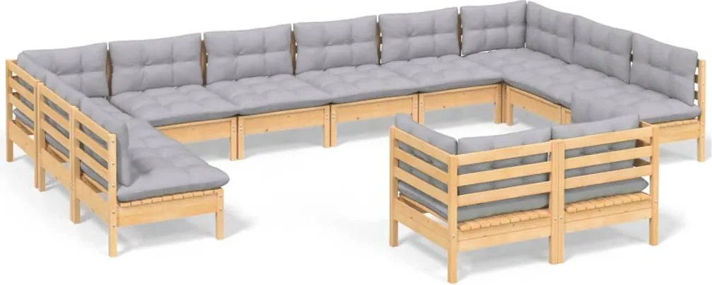 vidaXL Set mobilier grădină cu perne, 12 piese, gri, lemn masiv pin