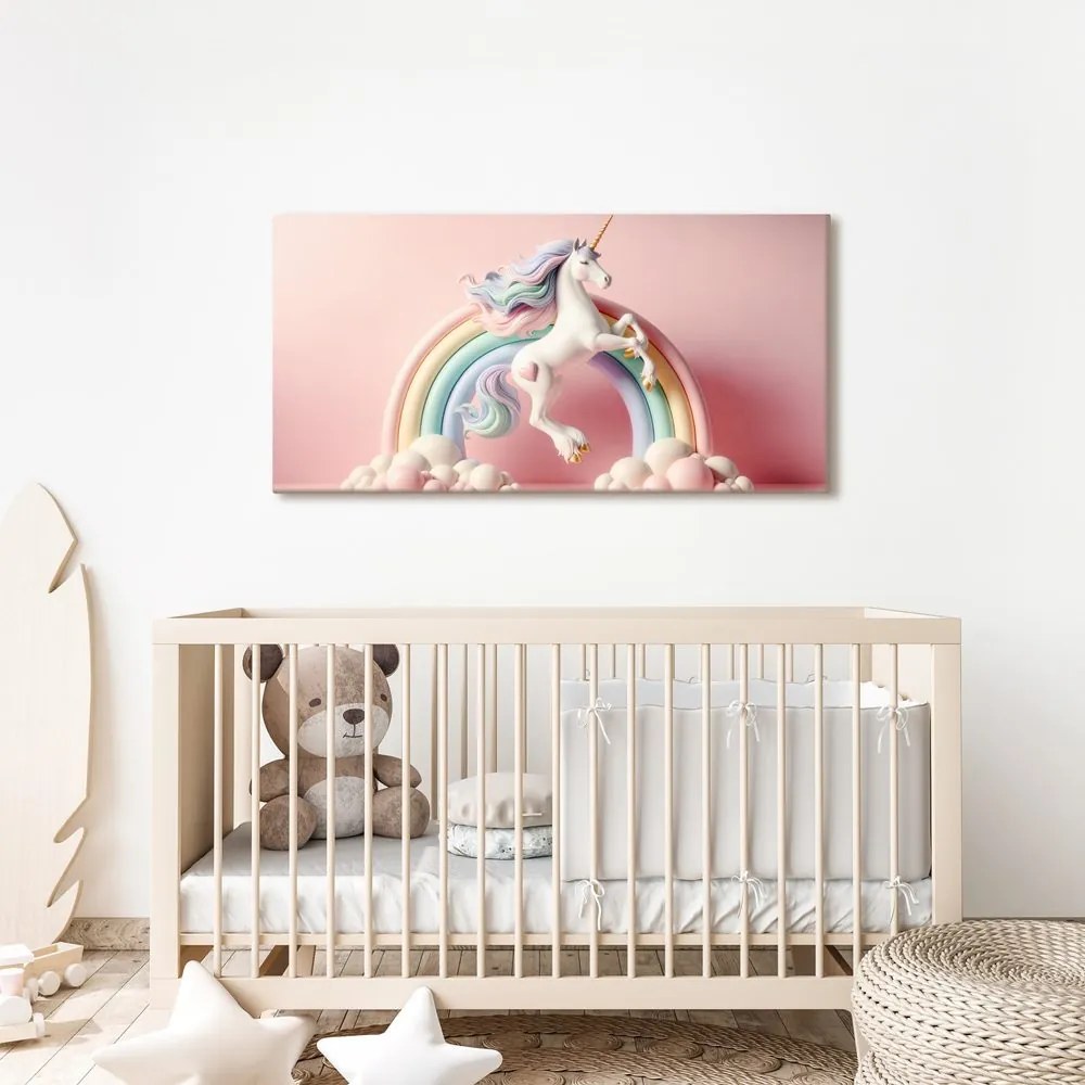 Tablou unicorn de poveste pe un curcubeu pastel
